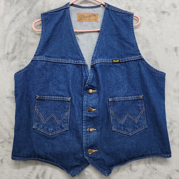 Vintage 90s Wrangler Vest Mens L Blue M-159 Sleeveless Denim Gilet Western - Picture 1 of 6